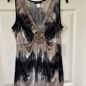 VENUS Black and Taupe Tie-Dye Sleeveless Tank with Jewel Medallion